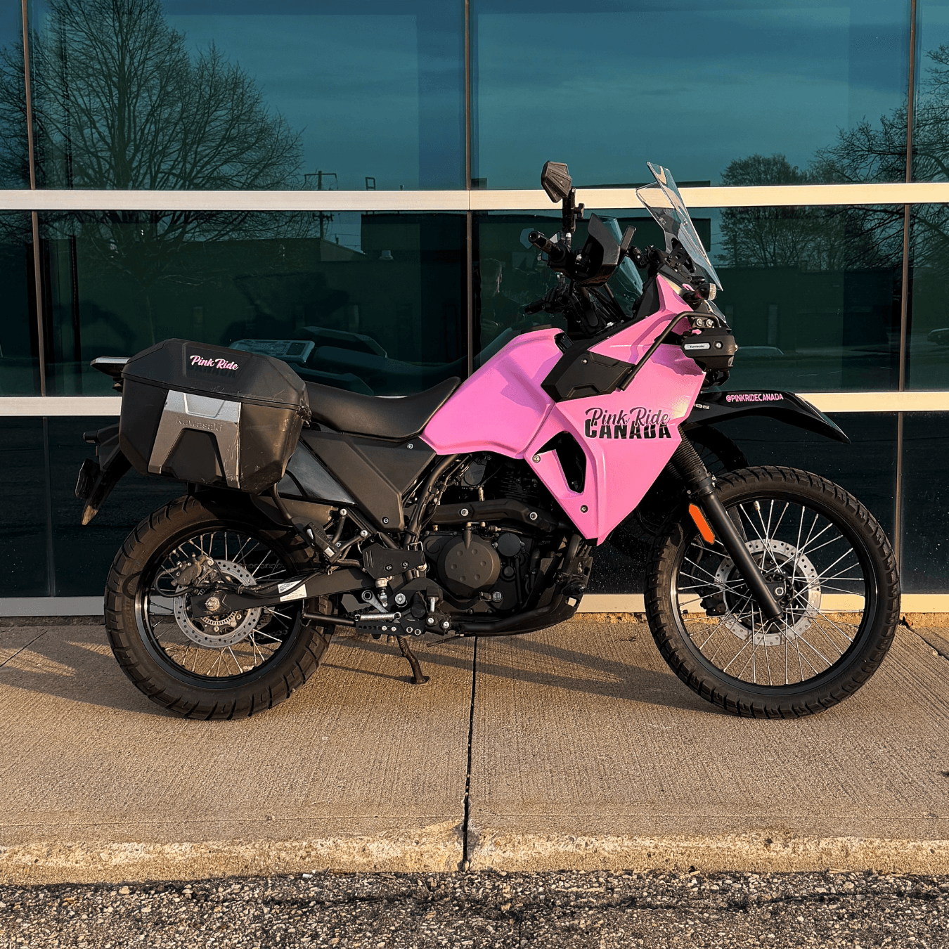 The pink KLR650 packed and ready